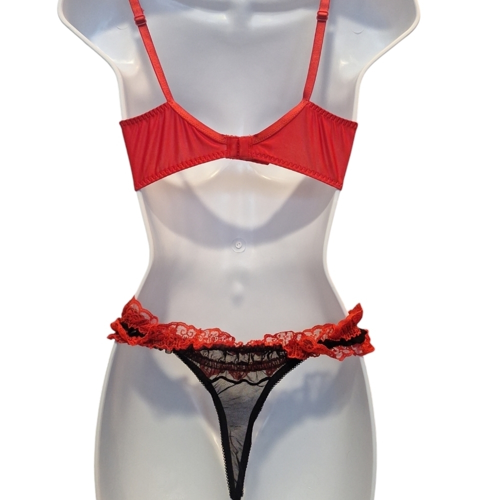 Vassarette red/black sexy lace underwire bra ruffle thong/panty set 34C - Picture 3 of 3